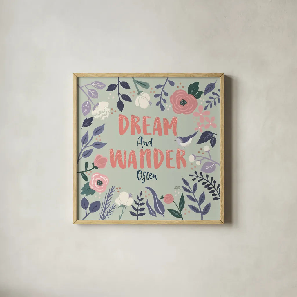 Wildflower Daydreams I Bird Dream by Laura Marshall. Shown in a natural wood glass frame for a timeless modern aesthetic. Available as an archival giclee rolled canvas, fine art paper, or poster print. SKU 72784a.