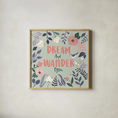 Wildflower Daydreams I Bird Dream by Laura Marshall. Shown in a natural wood glass frame for a timeless modern aesthetic. Available as an archival giclee rolled canvas, fine art paper, or poster print. SKU 72784a.
