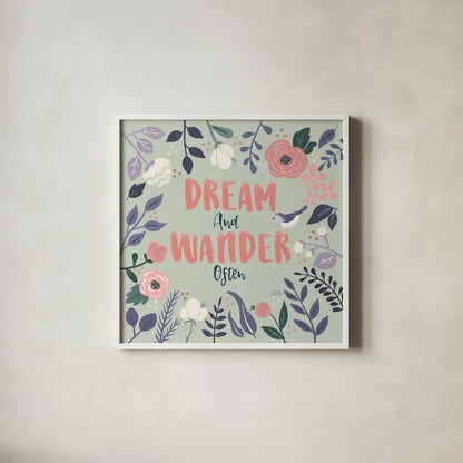 Wildflower Daydreams I Bird Dream by Laura Marshall. Shown in a crisp white glass frame for a clean and minimalist style. Available as an archival giclee rolled canvas, fine art paper, or poster print. SKU 72784a.