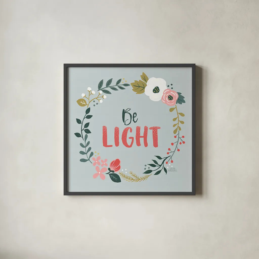 Wildflower Daydreams III Be Light by Laura Marshall. Shown in a sleek black glass frame for a contemporary gallery look. Available as an archival giclee rolled canvas, fine art paper, or poster print. SKU 35167a.