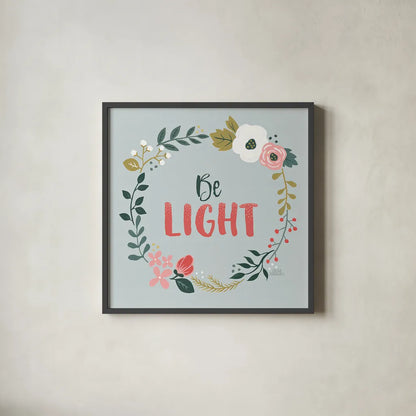 Wildflower Daydreams III Be Light by Laura Marshall. Shown in a sleek black glass frame for a contemporary gallery look. Available as an archival giclee rolled canvas, fine art paper, or poster print. SKU 35167a.