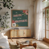 Wildflower Daydreams V by Laura Marshall. Shown in a natural wood frame in a cozy modern living room. Available as an archival giclee rolled canvas, fine art paper, or poster print. SKU 34691a.
