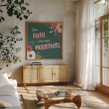 Wildflower Daydreams V Move Mountains by Laura Marshall. Shown in a natural wood frame in a cozy modern living room. Available as an archival giclee rolled canvas, fine art paper, or poster print. SKU 35169a.