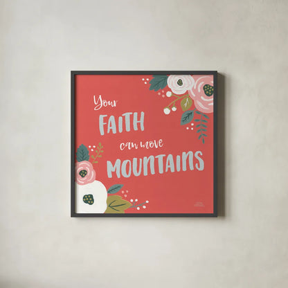 Wildflower Daydreams V Move Mountains Red by Laura Marshall. Shown in a sleek black glass frame for a contemporary gallery look. Available as an archival giclee rolled canvas, fine art paper, or poster print. SKU 35506a.