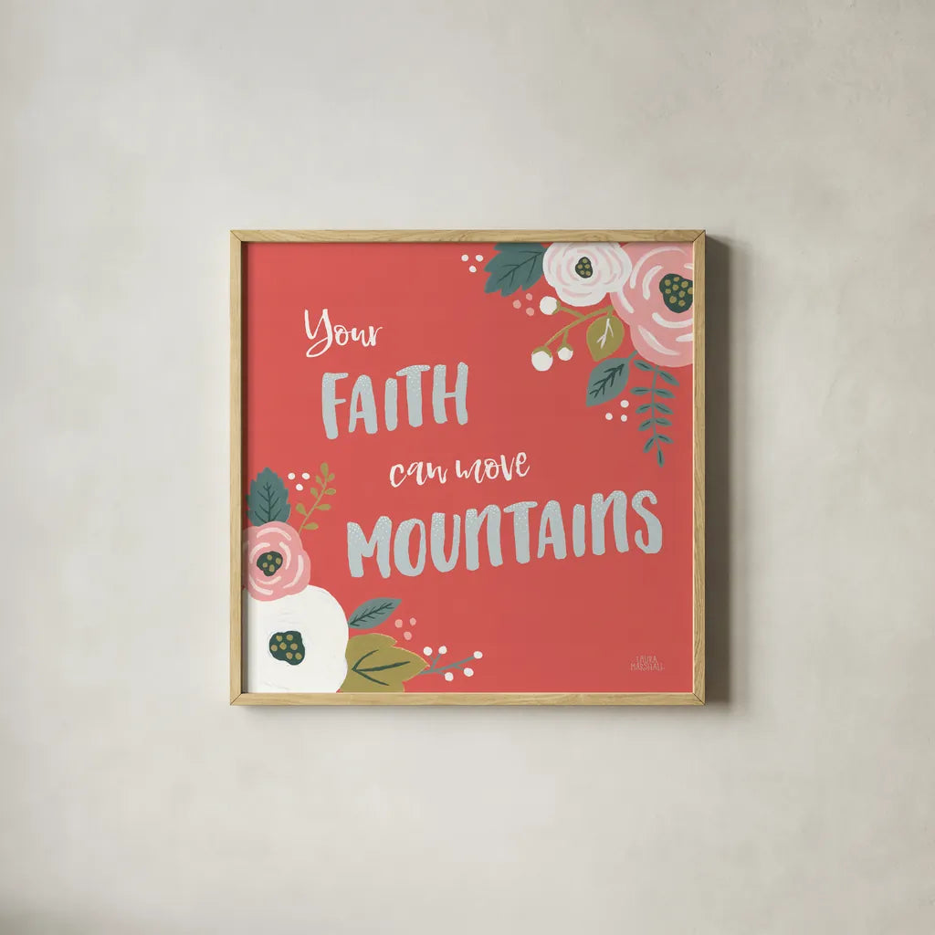 Wildflower Daydreams V Move Mountains Red by Laura Marshall. Shown in a natural wood glass frame for a timeless modern aesthetic. Available as an archival giclee rolled canvas, fine art paper, or poster print. SKU 35506a.