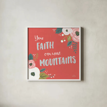 Wildflower Daydreams V Move Mountains Red by Laura Marshall. Shown in a crisp white glass frame for a clean and minimalist style. Available as an archival giclee rolled canvas, fine art paper, or poster print. SKU 35506a.