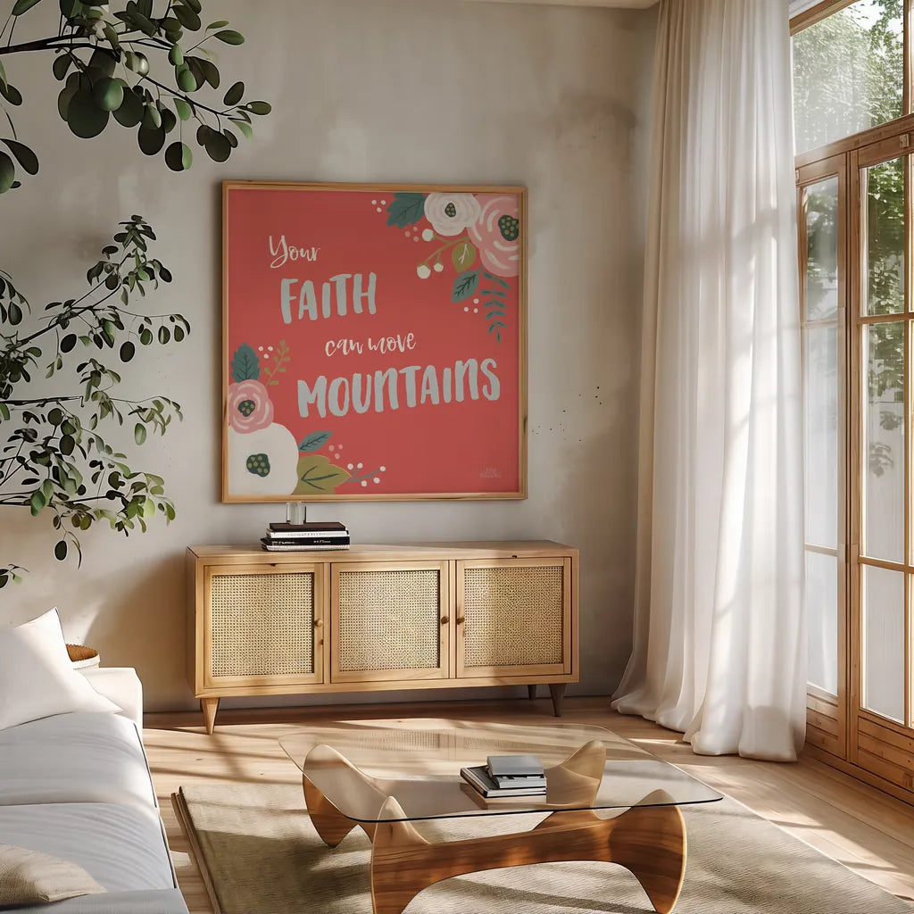 Wildflower Daydreams V Move Mountains Red by Laura Marshall. Shown in a natural wood frame in a cozy modern living room. Available as an archival giclee rolled canvas, fine art paper, or poster print. SKU 35506a.