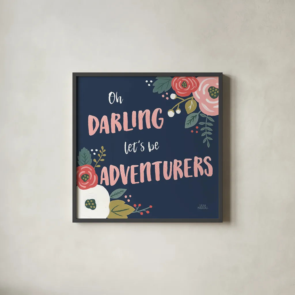 Wildflower Daydreams V Navy by Laura Marshall. Shown in a sleek black glass frame for a contemporary gallery look. Available as an archival giclee rolled canvas, fine art paper, or poster print. SKU 35997a.