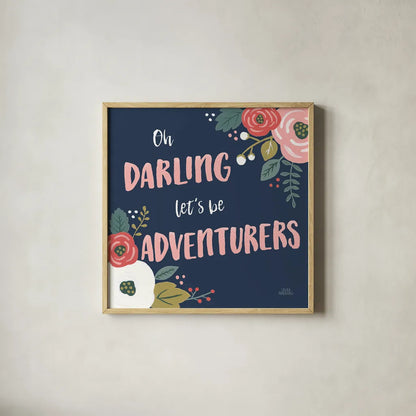 Wildflower Daydreams V Navy by Laura Marshall. Shown in a natural wood glass frame for a timeless modern aesthetic. Available as an archival giclee rolled canvas, fine art paper, or poster print. SKU 35997a.