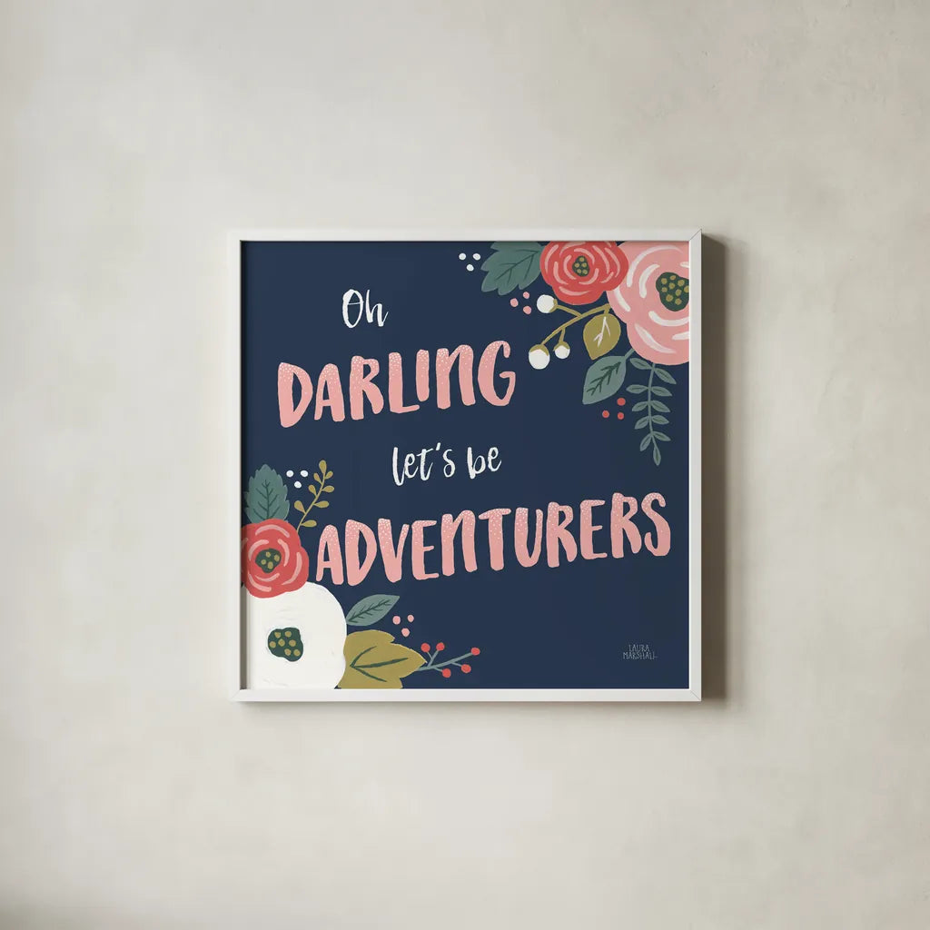 Wildflower Daydreams V Navy by Laura Marshall. Shown in a crisp white glass frame for a clean and minimalist style. Available as an archival giclee rolled canvas, fine art paper, or poster print. SKU 35997a.