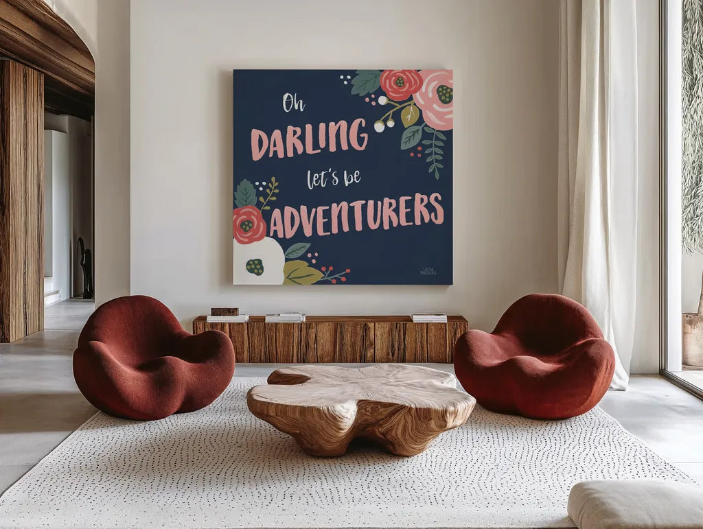Wildflower Daydreams V Navy by Laura Marshall. Shown as extra-large giant wall art in a modern living room. Available as an archival giclee rolled canvas, fine art paper, or poster print. SKU 35997a.
