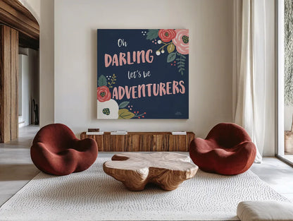 Wildflower Daydreams V Navy by Laura Marshall. Shown as extra-large giant wall art in a modern living room. Available as an archival giclee rolled canvas, fine art paper, or poster print. SKU 35997a.