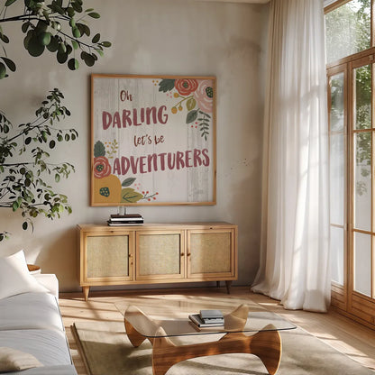Wildflower Daydreams V Spice on Shiplap by Laura Marshall. Shown in a natural wood frame in a cozy modern living room. Available as an archival giclee rolled canvas, fine art paper, or poster print. SKU 34915a.