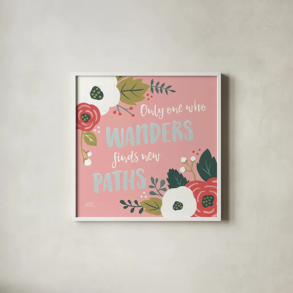 Wildflower Daydreams VI by Laura Marshall. Shown in a crisp white glass frame for a clean and minimalist style. Available as an archival giclee rolled canvas, fine art paper, or poster print. SKU 34692a.