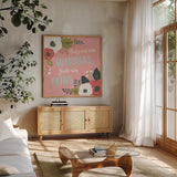 Wildflower Daydreams VI by Laura Marshall. Shown in a natural wood frame in a cozy modern living room. Available as an archival giclee rolled canvas, fine art paper, or poster print. SKU 34692a.
