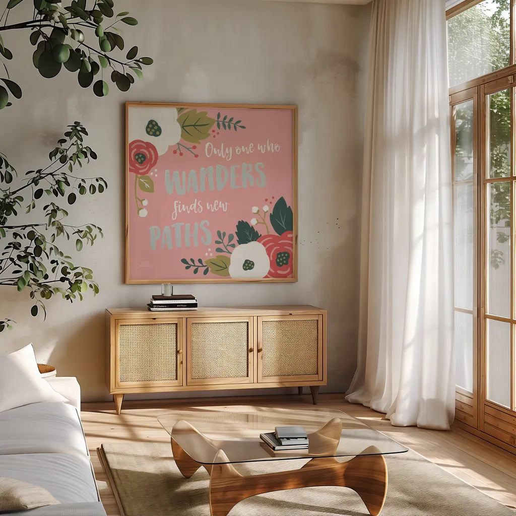 Wildflower Daydreams VI by Laura Marshall. Shown in a natural wood frame in a cozy modern living room. Available as an archival giclee rolled canvas, fine art paper, or poster print. SKU 34692a.