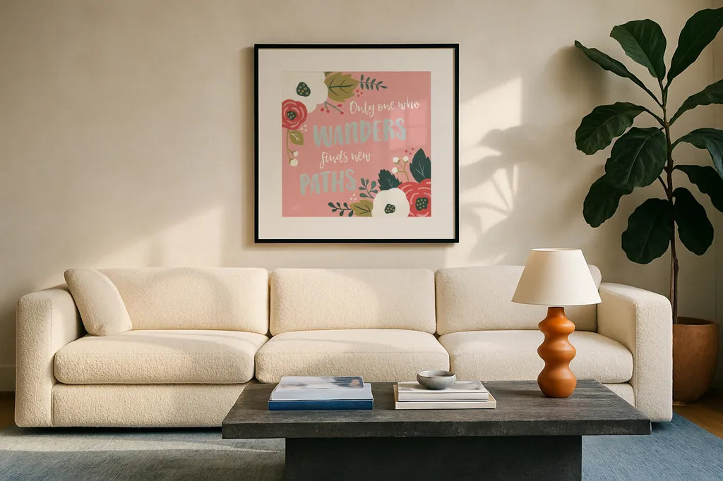 Wildflower Daydreams VI by Laura Marshall. Displayed in a glass frame with matte in a clean modern living room. Available as an archival giclee rolled canvas, fine art paper, or poster print. SKU 34692a.
