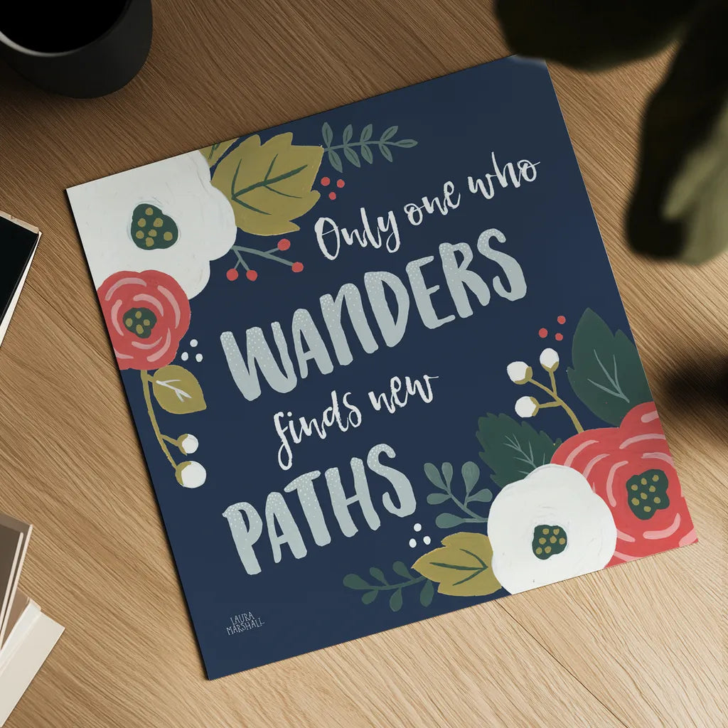 Wildflower Daydreams VI Navy by Laura Marshall. Shown as a detailed flat fine art print, highlighting archival giclee quality. Available as an archival giclee rolled canvas, fine art paper, or poster print. SKU 35998a.