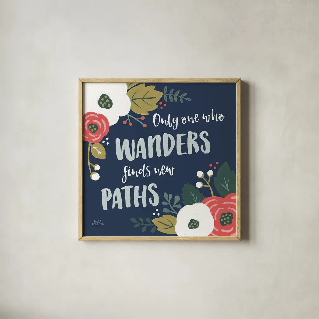 Wildflower Daydreams VI Navy by Laura Marshall. Shown in a natural wood glass frame for a timeless modern aesthetic. Available as an archival giclee rolled canvas, fine art paper, or poster print. SKU 35998a.