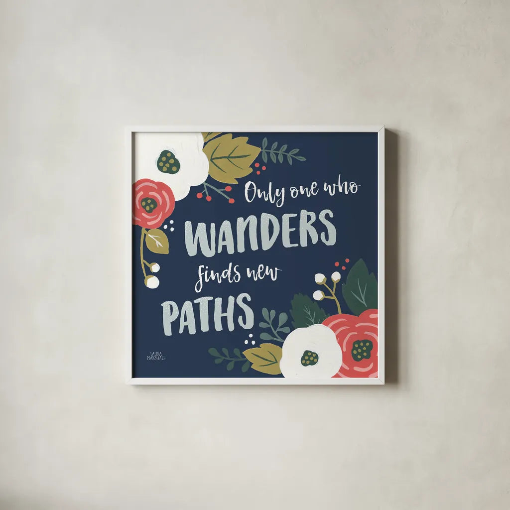 Wildflower Daydreams VI Navy by Laura Marshall. Shown in a crisp white glass frame for a clean and minimalist style. Available as an archival giclee rolled canvas, fine art paper, or poster print. SKU 35998a.