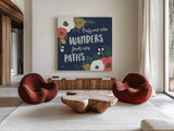 Wildflower Daydreams VI Navy by Laura Marshall. Shown as extra-large giant wall art in a modern living room. Available as an archival giclee rolled canvas, fine art paper, or poster print. SKU 35998a.