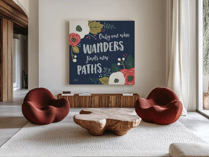 Wildflower Daydreams VI Navy by Laura Marshall. Shown as extra-large giant wall art in a modern living room. Available as an archival giclee rolled canvas, fine art paper, or poster print. SKU 35998a.