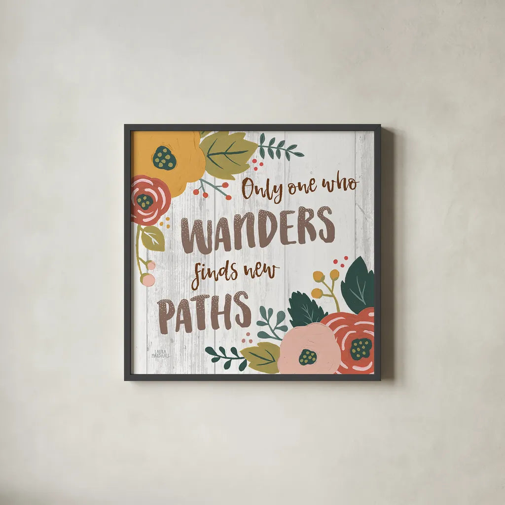 Wildflower Daydreams VI Spice on Shiplap by Laura Marshall. Shown in a sleek black glass frame for a contemporary gallery look. Available as an archival giclee rolled canvas, fine art paper, or poster print. SKU 34916a.