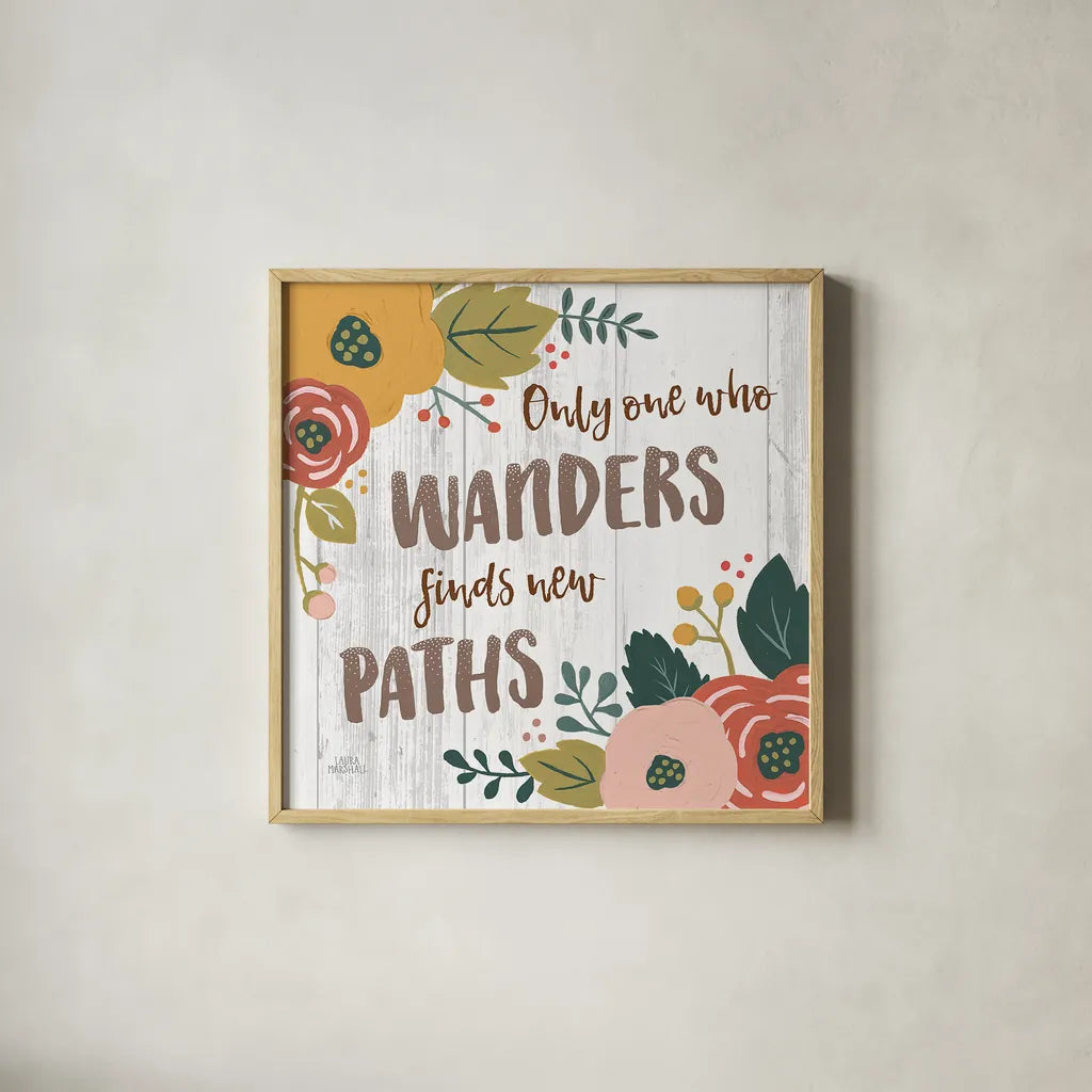 Wildflower Daydreams VI Spice on Shiplap by Laura Marshall. Shown in a natural wood glass frame for a timeless modern aesthetic. Available as an archival giclee rolled canvas, fine art paper, or poster print. SKU 34916a.