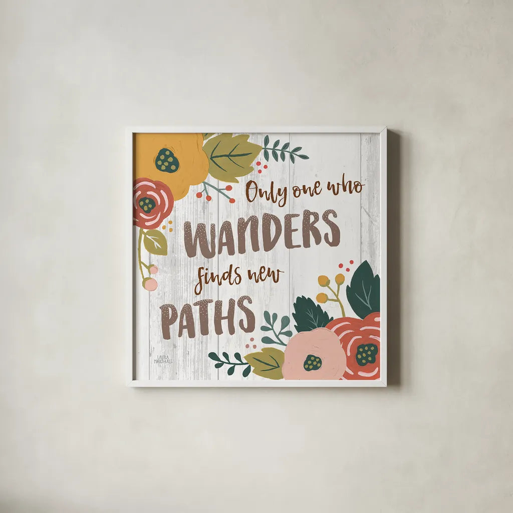 Wildflower Daydreams VI Spice on Shiplap by Laura Marshall. Shown in a crisp white glass frame for a clean and minimalist style. Available as an archival giclee rolled canvas, fine art paper, or poster print. SKU 34916a.