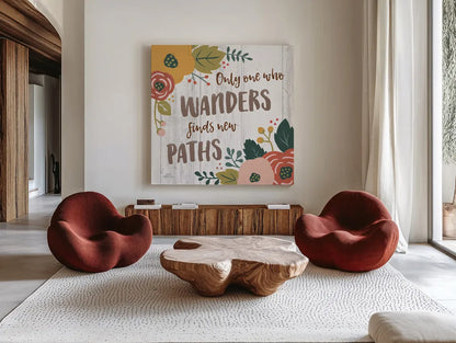 Wildflower Daydreams VI Spice on Shiplap by Laura Marshall. Shown as extra-large giant wall art in a modern living room. Available as an archival giclee rolled canvas, fine art paper, or poster print. SKU 34916a.