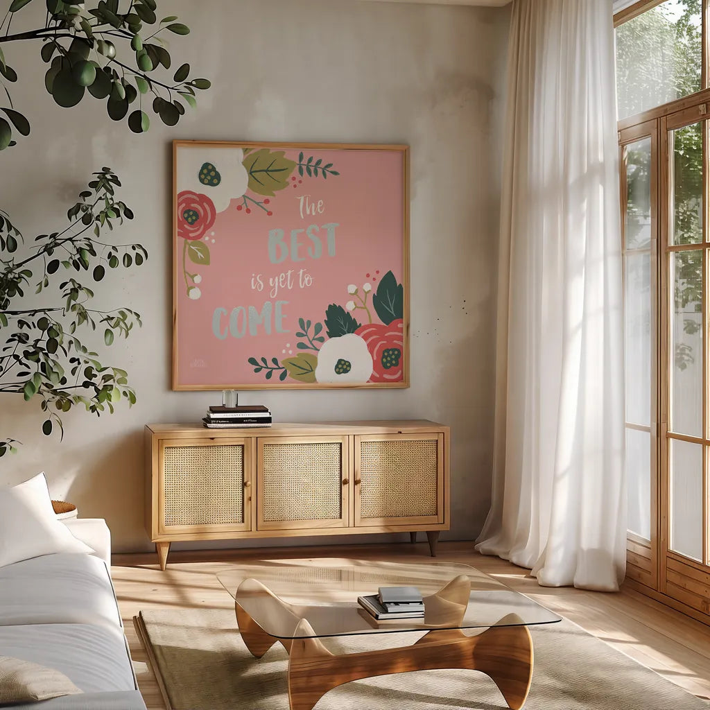 Wildflower Daydreams VI The Best by Laura Marshall. Shown in a natural wood frame in a cozy modern living room. Available as an archival giclee rolled canvas, fine art paper, or poster print. SKU 35170a.