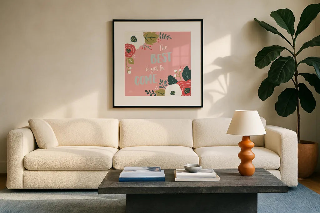 Wildflower Daydreams VI The Best by Laura Marshall. Displayed in a glass frame with matte in a clean modern living room. Available as an archival giclee rolled canvas, fine art paper, or poster print. SKU 35170a.
