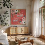 Wildflower Daydreams VII by Laura Marshall. Shown in a natural wood frame in a cozy modern living room. Available as an archival giclee rolled canvas, fine art paper, or poster print. SKU 34693a.