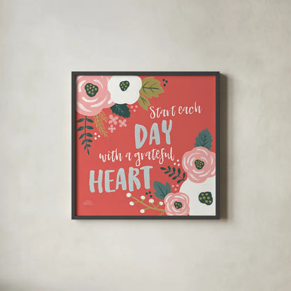 Wildflower Daydreams VII Grateful Heart by Laura Marshall. Shown in a sleek black glass frame for a contemporary gallery look. Available as an archival giclee rolled canvas, fine art paper, or poster print. SKU 35171a.