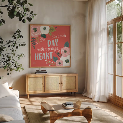 Wildflower Daydreams VII Grateful Heart by Laura Marshall. Shown in a natural wood frame in a cozy modern living room. Available as an archival giclee rolled canvas, fine art paper, or poster print. SKU 35171a.