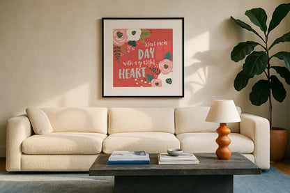 Wildflower Daydreams VII Grateful Heart by Laura Marshall. Displayed in a glass frame with matte in a clean modern living room. Available as an archival giclee rolled canvas, fine art paper, or poster print. SKU 35171a.