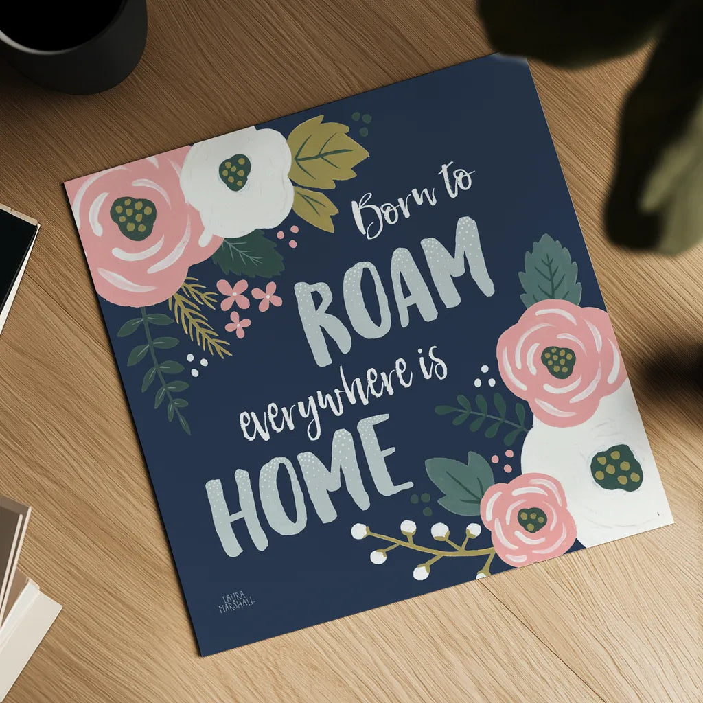 Wildflower Daydreams VII Navy by Laura Marshall. Shown as a detailed flat fine art print, highlighting archival giclee quality. Available as an archival giclee rolled canvas, fine art paper, or poster print. SKU 35999a.