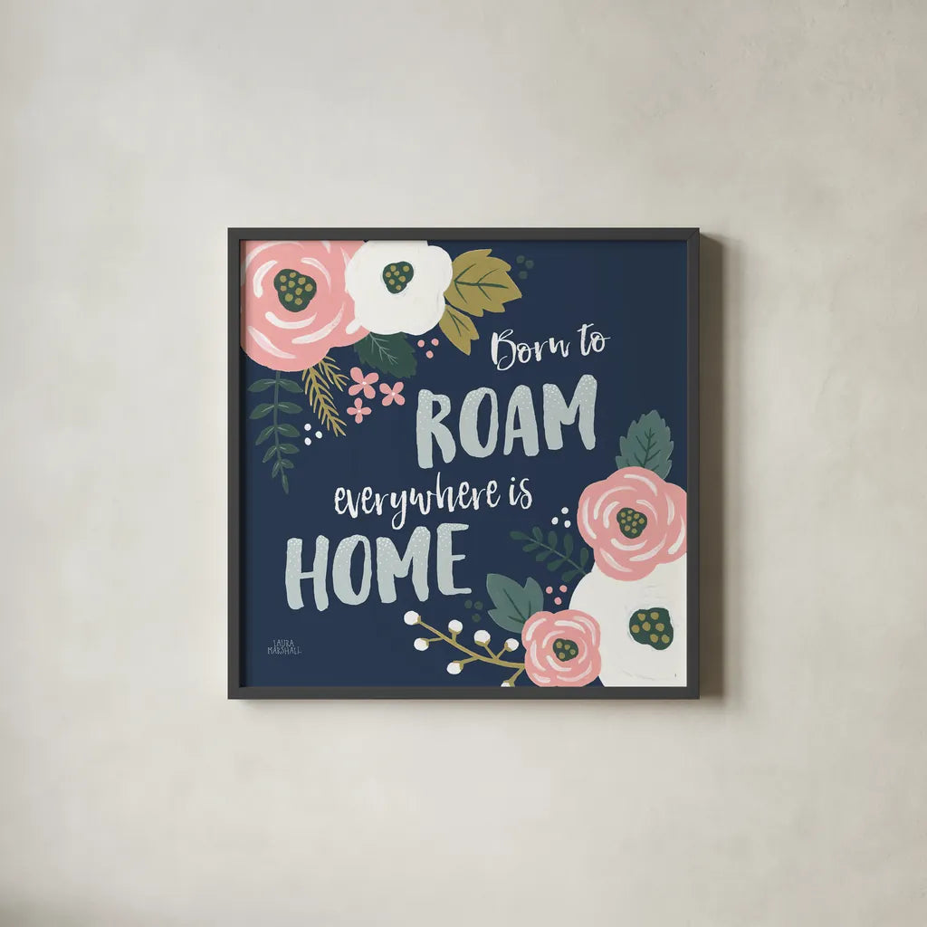 Wildflower Daydreams VII Navy by Laura Marshall. Shown in a sleek black glass frame for a contemporary gallery look. Available as an archival giclee rolled canvas, fine art paper, or poster print. SKU 35999a.