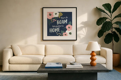 Wildflower Daydreams VII Navy by Laura Marshall. Displayed in a glass frame with matte in a clean modern living room. Available as an archival giclee rolled canvas, fine art paper, or poster print. SKU 35999a.