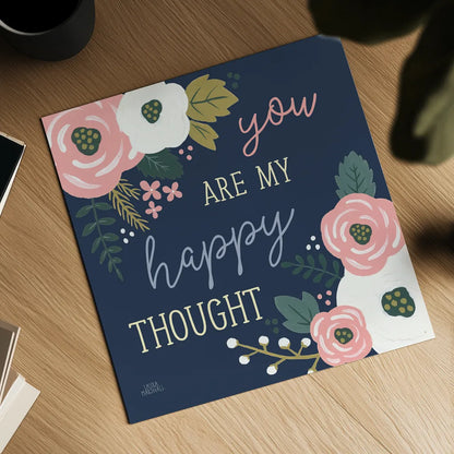 Wildflower Daydreams VII Navy Happy by Laura Marshall. Shown as a detailed flat fine art print, highlighting archival giclee quality. Available as an archival giclee rolled canvas, fine art paper, or poster print. SKU 36382a.