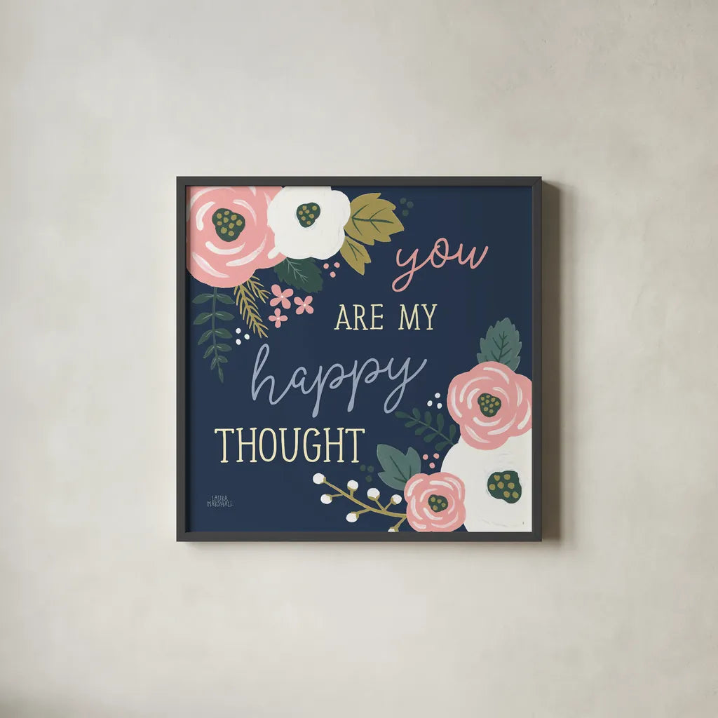 Wildflower Daydreams VII Navy Happy by Laura Marshall. Shown in a sleek black glass frame for a contemporary gallery look. Available as an archival giclee rolled canvas, fine art paper, or poster print. SKU 36382a.