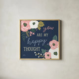 Wildflower Daydreams VII Navy Happy by Laura Marshall. Shown in a natural wood glass frame for a timeless modern aesthetic. Available as an archival giclee rolled canvas, fine art paper, or poster print. SKU 36382a.