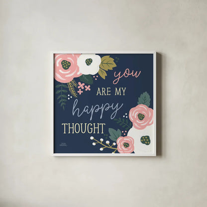 Wildflower Daydreams VII Navy Happy by Laura Marshall. Shown in a crisp white glass frame for a clean and minimalist style. Available as an archival giclee rolled canvas, fine art paper, or poster print. SKU 36382a.