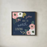 Wildflower Daydreams VII Navy Loving by Laura Marshall. Shown in a sleek black glass frame for a contemporary gallery look. Available as an archival giclee rolled canvas, fine art paper, or poster print. SKU 36381a.