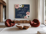 Wildflower Daydreams VII Navy Loving by Laura Marshall. Shown as extra-large giant wall art in a modern living room. Available as an archival giclee rolled canvas, fine art paper, or poster print. SKU 36381a.