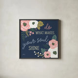 Wildflower Daydreams VII Navy Soul by Laura Marshall. Shown in a sleek black glass frame for a contemporary gallery look. Available as an archival giclee rolled canvas, fine art paper, or poster print. SKU 36383a.