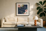 Wildflower Daydreams VII Navy Soul by Laura Marshall. Displayed in a glass frame with matte in a clean modern living room. Available as an archival giclee rolled canvas, fine art paper, or poster print. SKU 36383a.