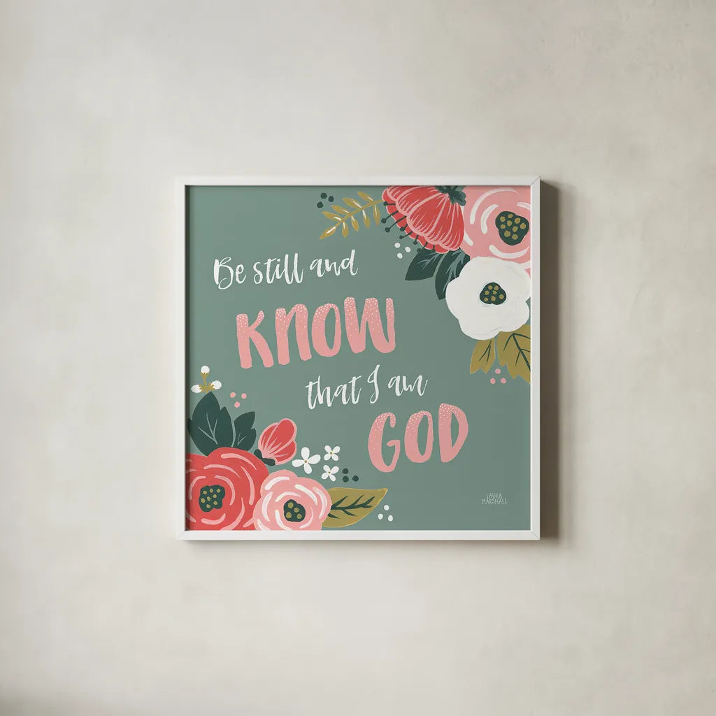 Wildflower Daydreams VIII Be Still by Laura Marshall. Shown in a crisp white glass frame for a clean and minimalist style. Available as an archival giclee rolled canvas, fine art paper, or poster print. SKU 35172a.