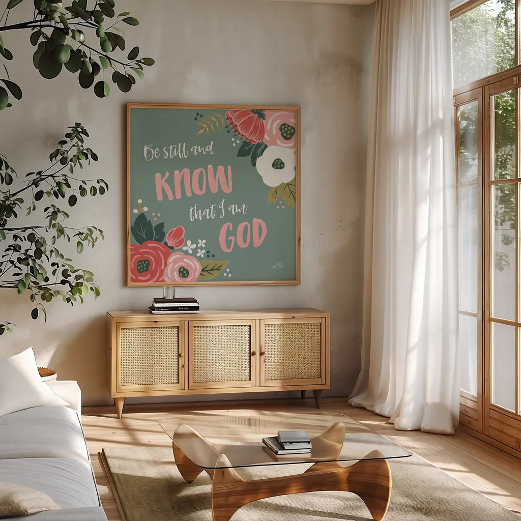 Wildflower Daydreams VIII Be Still by Laura Marshall. Shown in a natural wood frame in a cozy modern living room. Available as an archival giclee rolled canvas, fine art paper, or poster print. SKU 35172a.