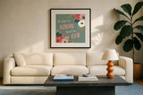 Wildflower Daydreams VIII Be Still by Laura Marshall. Displayed in a glass frame with matte in a clean modern living room. Available as an archival giclee rolled canvas, fine art paper, or poster print. SKU 35172a.